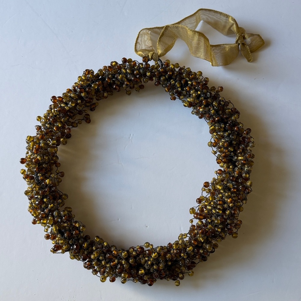Pottery Barn BEADED WREATH Country Holiday Christmas Gold Ribbon Hanger VTG